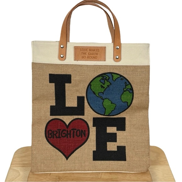 NWOT Brighton “Love Makes the Earth Go Round” Jute Tote Bag with Leather Handles - Picture 1 of 10